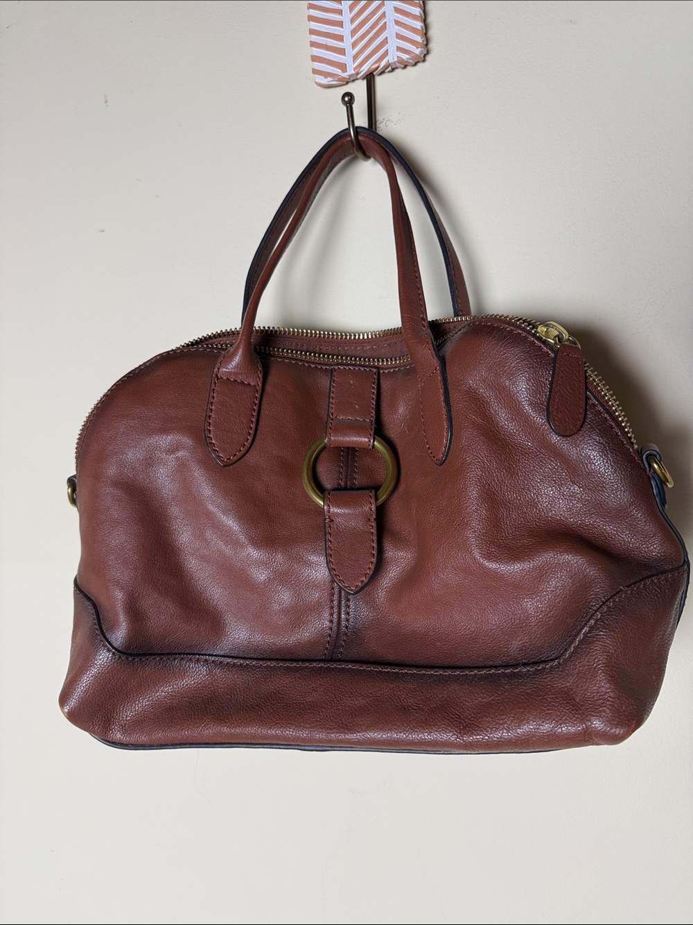 Frye Cognac Brown Leather Dome Satchel Bag Purse Brass Ring Hand bag